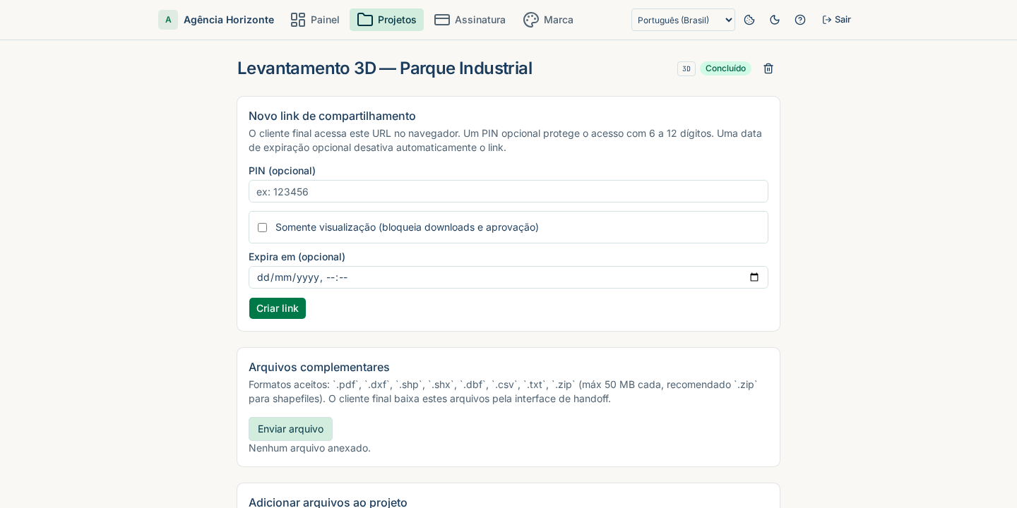 Criação de link de compartilhamento em português do Brasil com PIN, validade e modo somente visualização