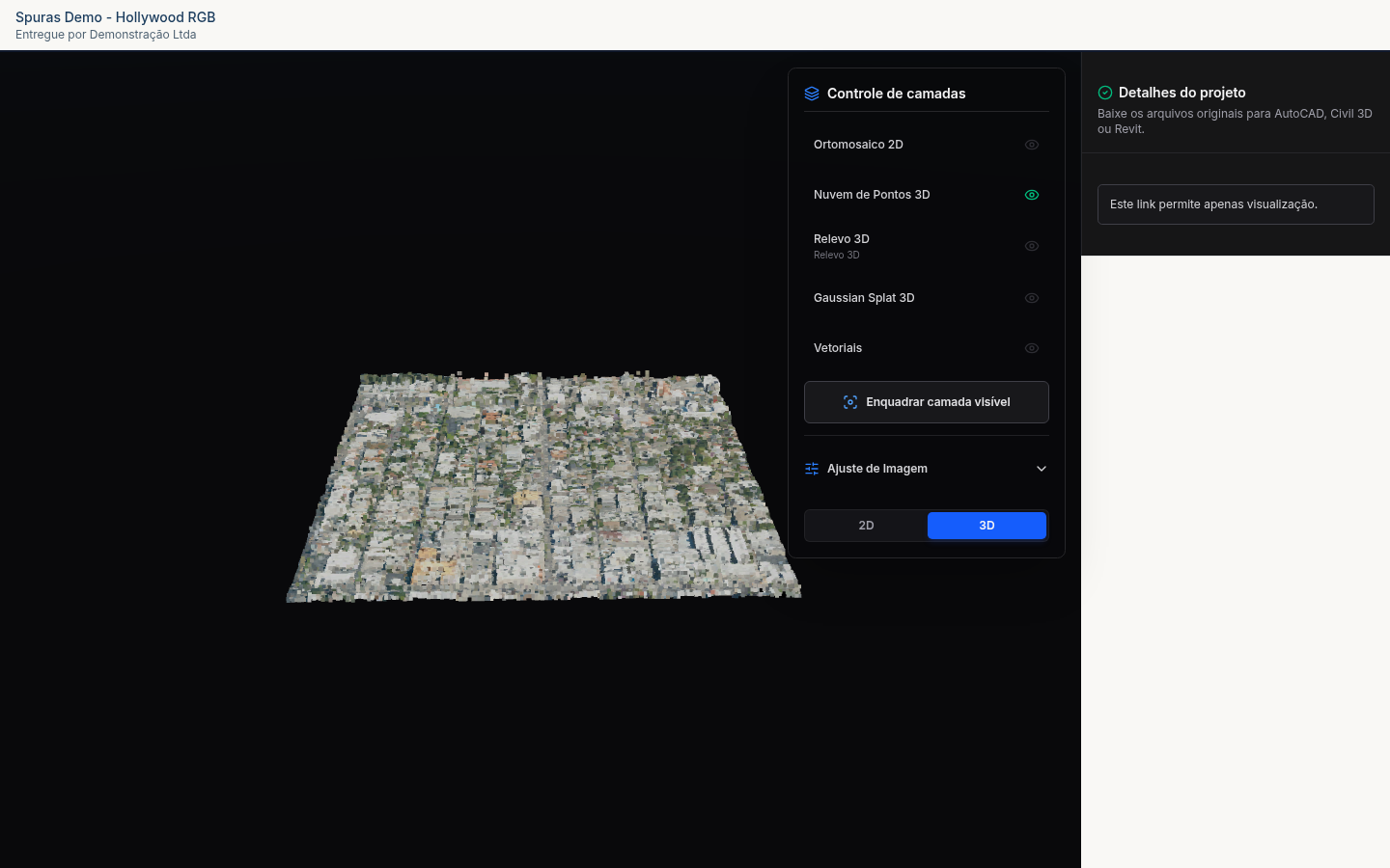 Viewer da Spuras renderizando a nuvem de pontos colorida Hollywood RGB no modo 3D
