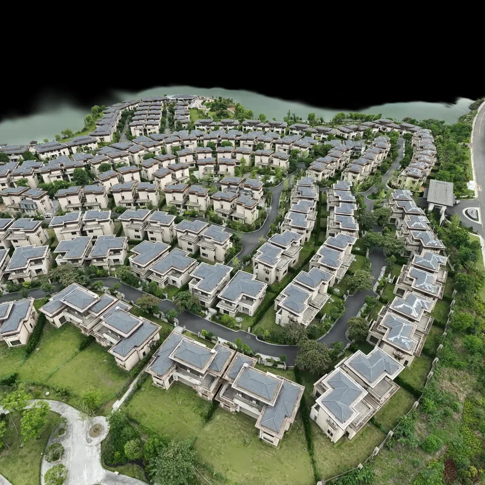 Vista aérea tridimensional de uma comunidade residencial reconstruída com Gaussian Splatting